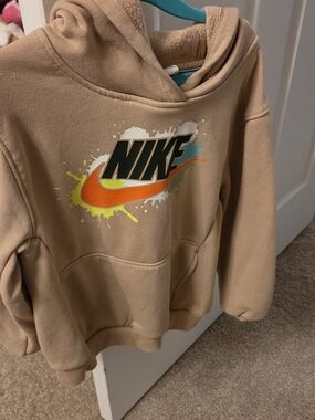 Nike Tan Hoodie with Orange and Lime Swoosh